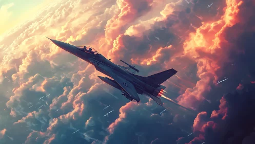 Digital painting of fighter jet ascending through sunset cumulonimbus clouds.