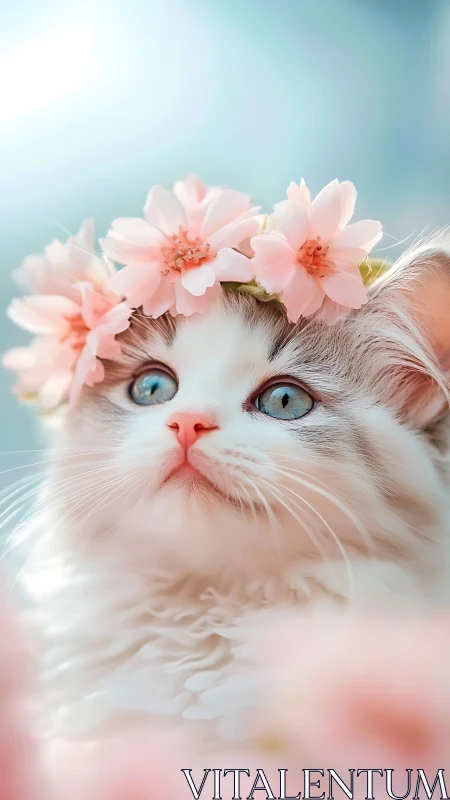 White Cat with Blue Eyes Crowned in Delicate Pink Flowers