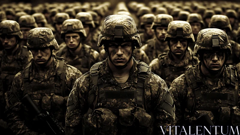 Soldiers stand in dense formation under harsh dramatic light