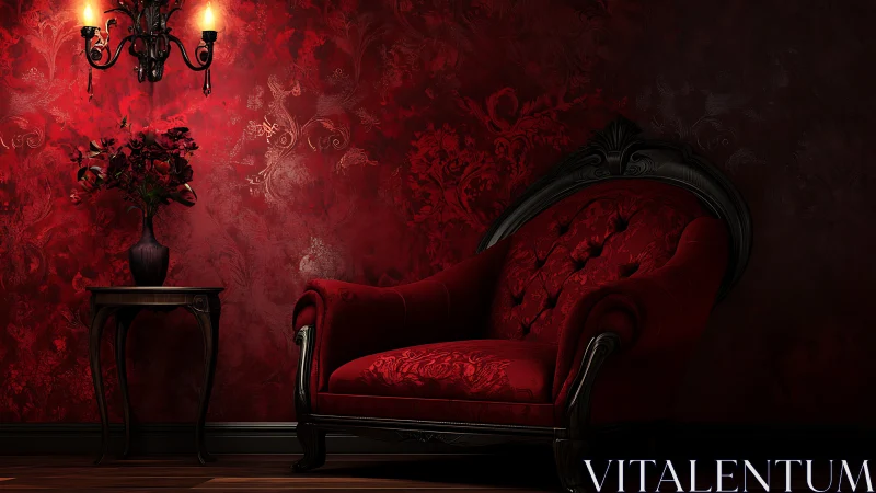 Red velvet armchair in dark ornate vintage interior.