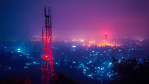 Red telecom tower over neon city in dense night fog.