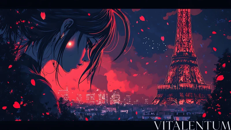 Melancholic anime profile contrasts neon Parisian nightscape