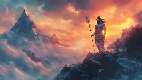 Storm-lit mountain guardian walking the embers of dawn.
