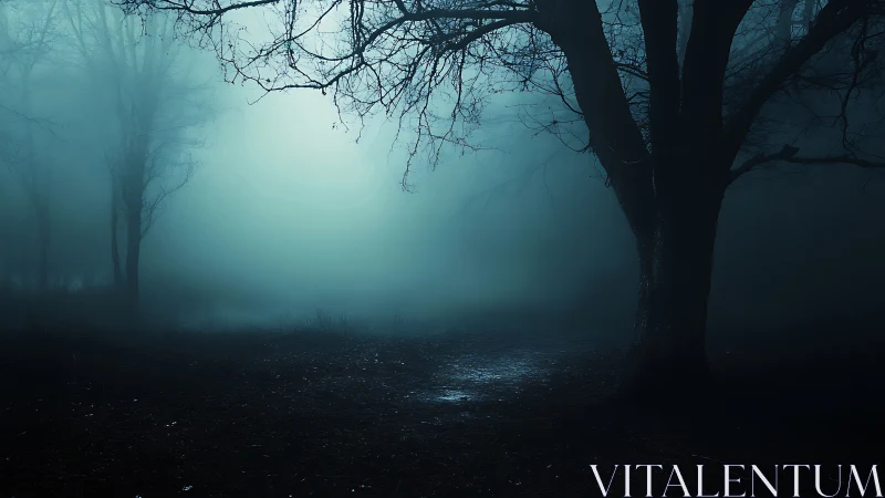 Moonlit fog drapes a silent, brooding forest threshold.