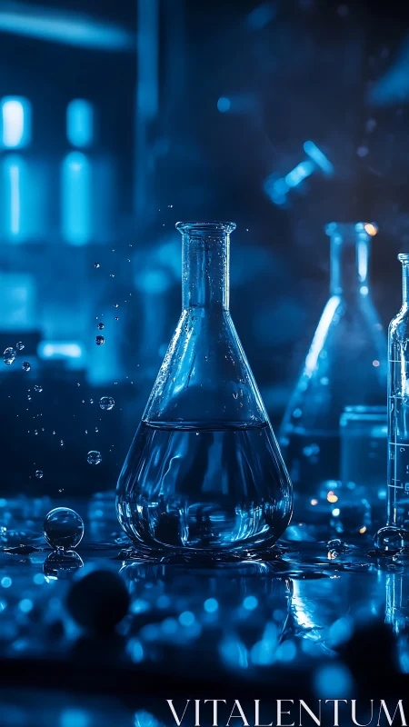 Laboratory glass flask in blue backlight with suspended droplets