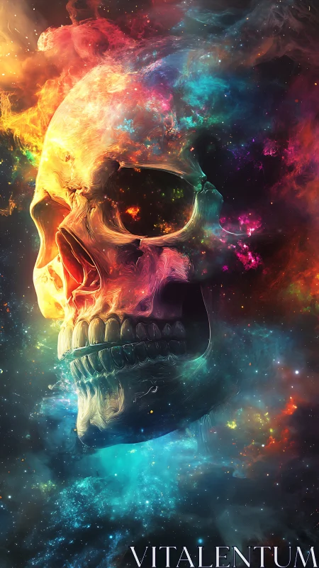 Vivid cosmic skull formed from swirling colorful nebula.