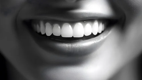 Close-up of Smiling Mouth with White Teeth in Black and White.