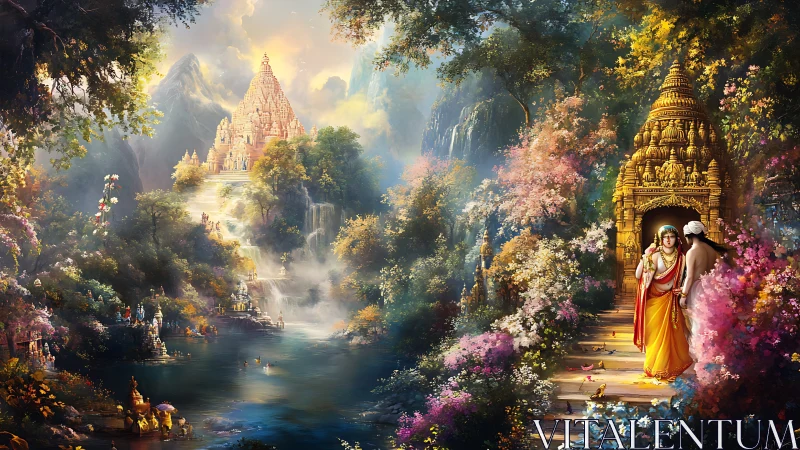 River valley with ornate temples and figures in landscape.