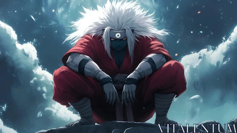 White haired warrior crouches on rock under turbulent night sky