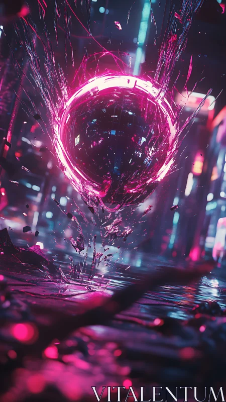 Neon energy sphere shatters liquid street surface