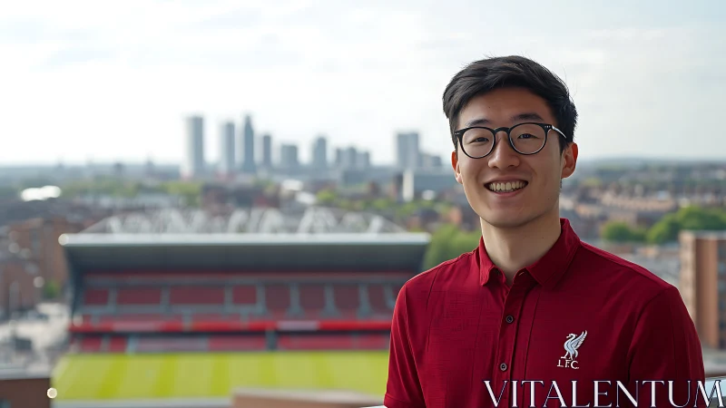 Smiling supporter in red shirt overlooking modern stadium.