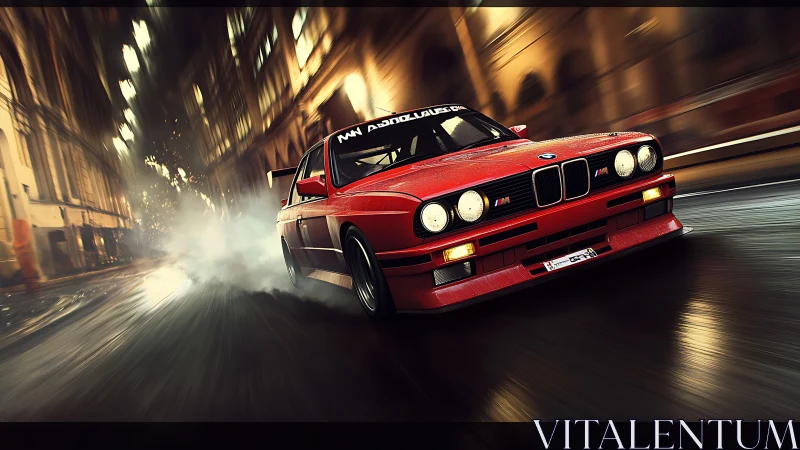 Scarlet street racer slices through neon-soaked midnight curves.