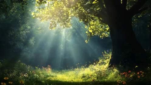 Sunlight Streaming Through Forest Canopy in Dreamy Nature Scene.