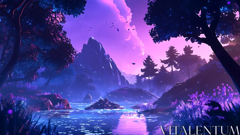 Mountain lake landscape glows under intense purple twilight
