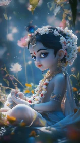 Gentle blue child deity rests in a dreamy flower garden