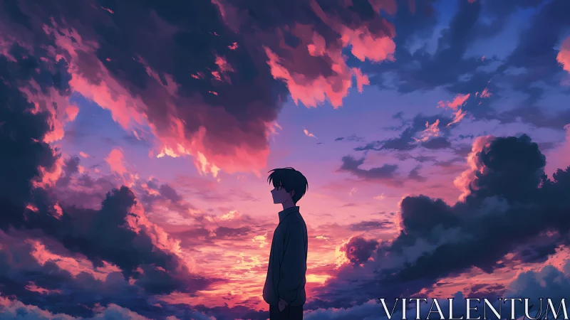 Silhouetted boy stands under vivid purple and pink sunset sky