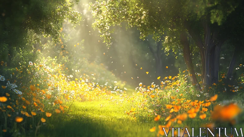 Backlit wildflower glade renders atmospheric volumetric light