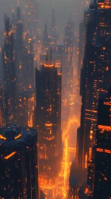 Neon magma skyline within towering cyberpunk spires.