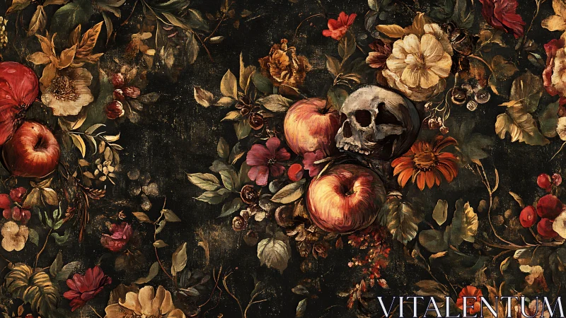 Baroque still life merges ripe fruit, florals, stark skull