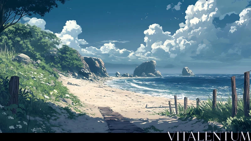 Scenic Coastal Beach with Rocky Outcrops and Ocean.