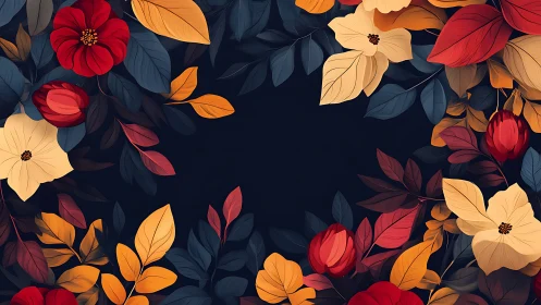 Midnight garden framed in autumn reds, golds, and blues.