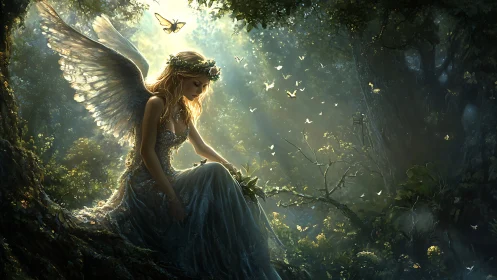 Backlit winged woman rests in volumetric light within dense forest