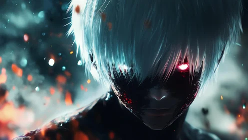 White haired anime entity stares forward with burning eyes