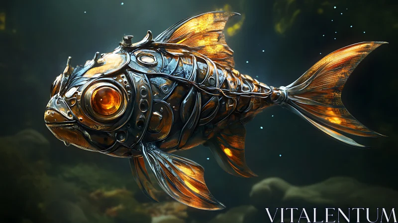 Steampunk cybernetic fish rendered in glowing metallic armor.