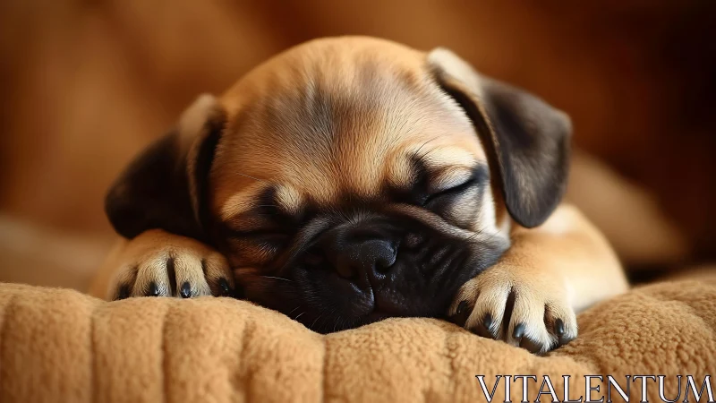 Sleeping brown puppy resting on soft textured blanket.