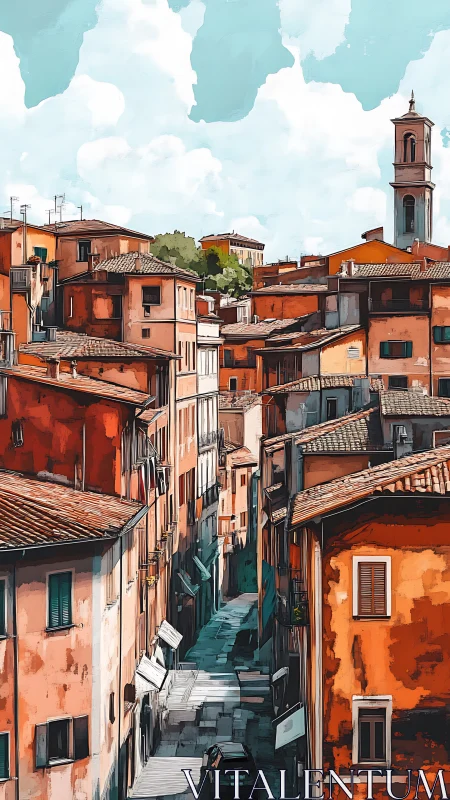 Sunlit Italian alleyway winding through warm terracotta homes.