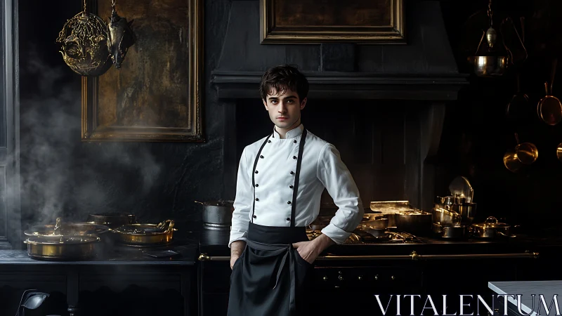 Midnight chef poised amid gleaming brass and drifting steam.