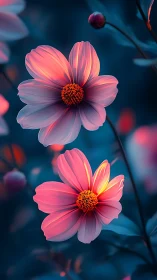Pink Cosmos Flowers Glowing Against Dark Blue Background.