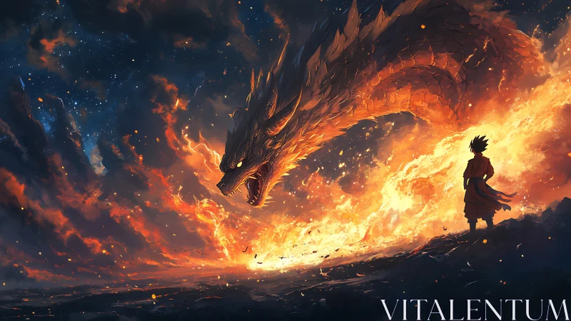 Fiery celestial dragon coils above lone warrior in silhouette