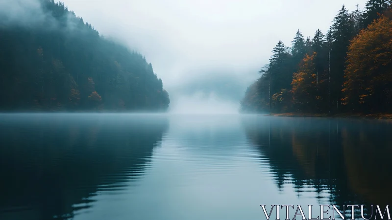 Misty forest lake with autumn treeline and soft reflections.