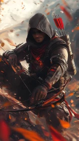 Hooded archer crouched in armor with bow in battle wind