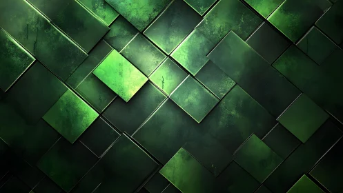 Abstract green geometric tiles pattern with metallic sheen.