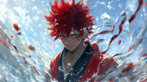 Storm-bright hero rises from crashing waves with fierce focus