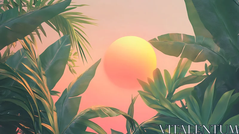 Sunset orb drifts through lush tropical leaves in pastel haze