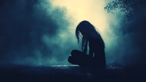 Silhouetted figure sits against diffuse backlit fog bank