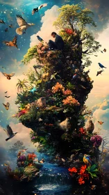 Man on skyrooted isle of birds, blooms, and waking dreams.