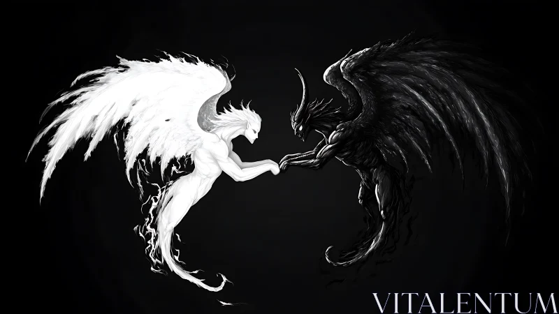 Dual-winged angel and demon locked in luminous contrast.