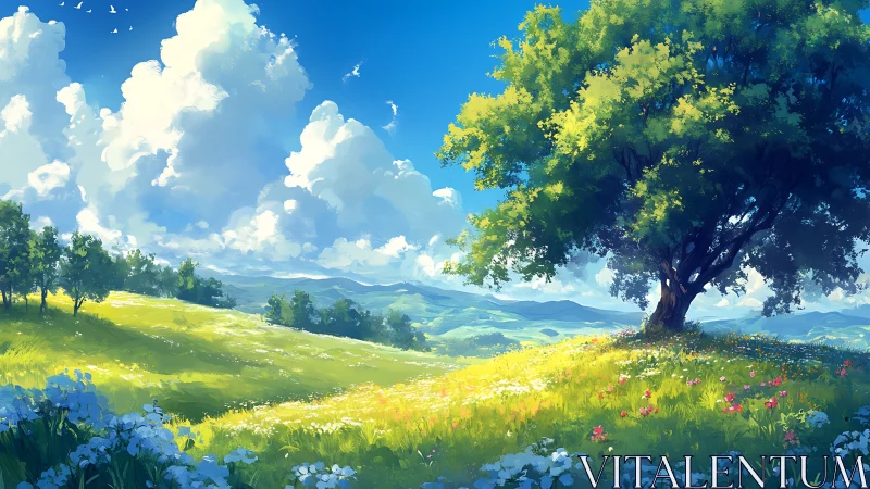 Digital landscape depicts solitary tree on flowered hillside
