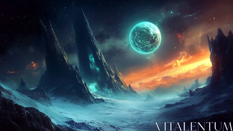Frozen alien world under glowing teal planet sky.