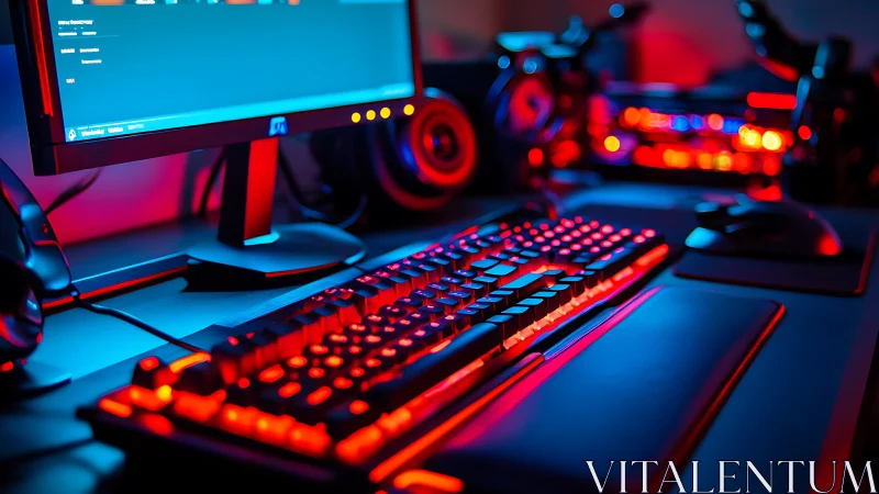 Cozy neon gaming desk glowing with bold red blue light.