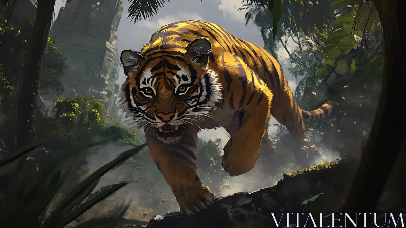 Wild jungle tiger stepping from shadow into sunlight.