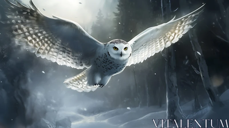 Majestic snowy owl in flight over winter forest, digital art style.