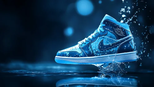 Cool blue sneaker splashing through water in dynamic motion.