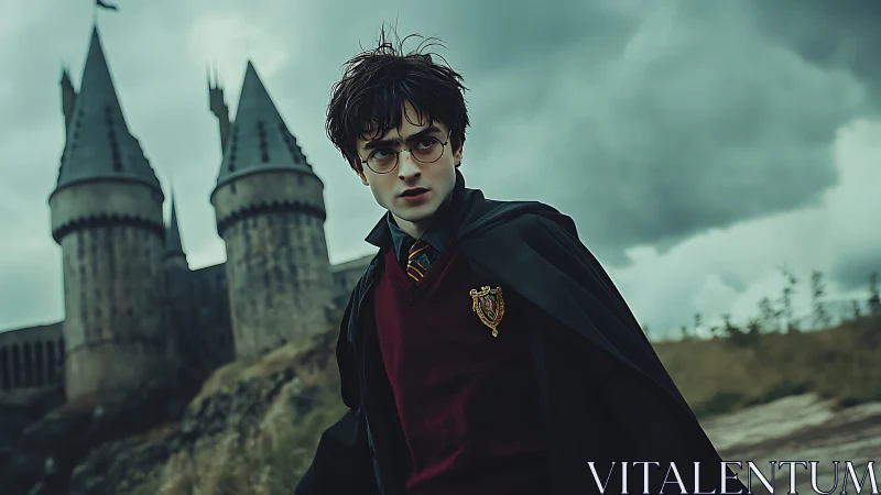 Young robed student near stone castle under cloudy sky.