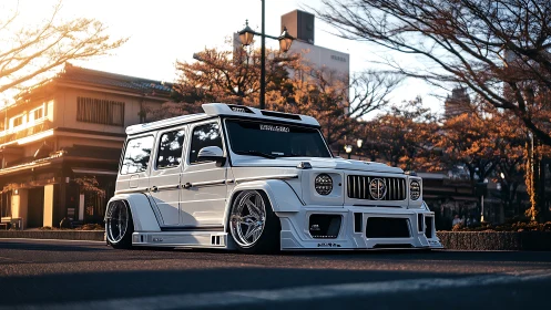 Sunset-slammed urban G-Wagon prowling cherry blossom streets.