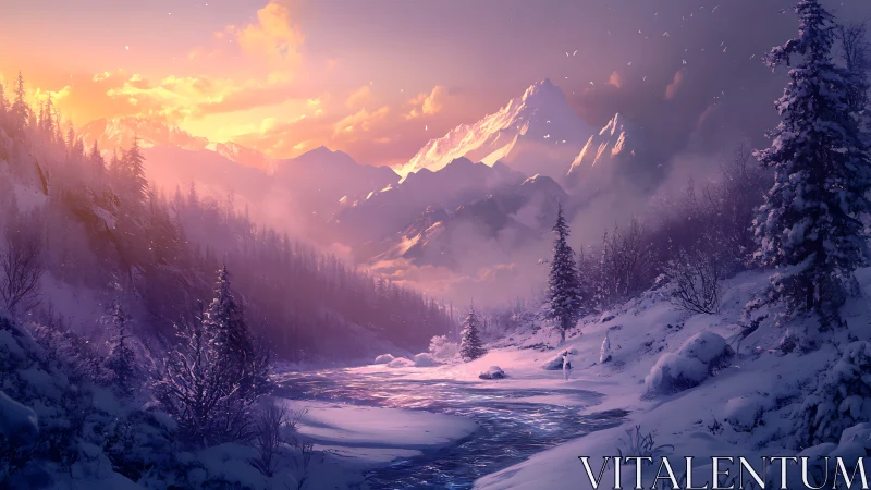 Winter river hums beneath a sunrise of molten amethyst